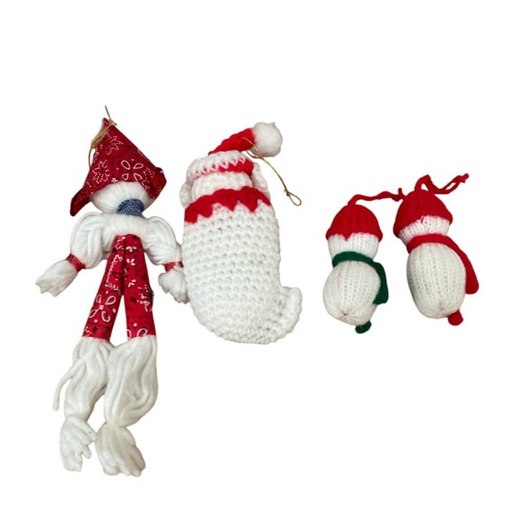 Vintage Crocheted Christmas Ornaments Snowman Mouse in Stocking Elf Pixie Set 4 - Picture 2 of 7